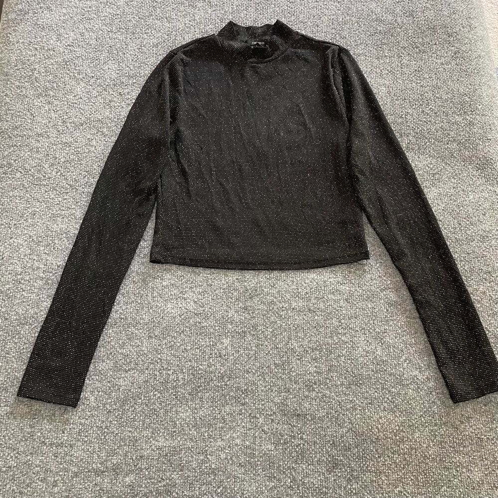 Stargirl Black and Silver shimmer Long Sleeve Mock Neck Crop Top Forever 21